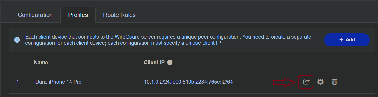 WireGuard server profiles page